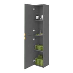 Arezzo Matt Grey Mirrored Wall Hung Tall Storage Cabinet with Brushed Brass Handles -Arezzo Bathroom Furniture Shop ARZ263BB d2 460