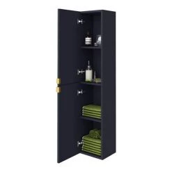 Arezzo Matt Blue Mirrored Wall Hung Tall Storage Cabinet with Brushed Brass Handles -Arezzo Bathroom Furniture Shop ARZ763BB d3 460