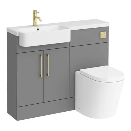 Arezzo 1100 Matt Grey Semi-Recessed Round Combination Vanity Unit (Brushed Brass Flush & Handles) 5 Arezzo 1100 Matt Grey Semi-Recessed Round Combination Vanity Unit (Brushed Brass Flush & Handles) - Image 5