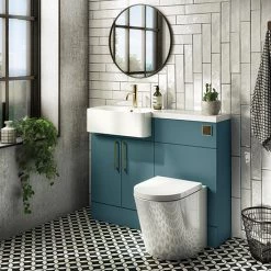 Arezzo 1100 Matt Green Semi-Recessed Round Combination Vanity Unit (Brushed Brass Flush & Handles)