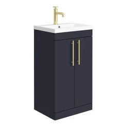 Arezzo Floor Standing Vanity Unit - Matt Blue - 500mm with Industrial Style Brushed Brass Handles