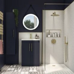 Arezzo Floor Standing Vanity Unit - Matt Blue - 500mm with Industrial Style Brushed Brass Handles 7 Arezzo Floor Standing Vanity Unit - Matt Blue - 500mm with Industrial Style Brushed Brass Handles -Arezzo Bathroom Furniture Shop AZB5FSVBBIS d3 460