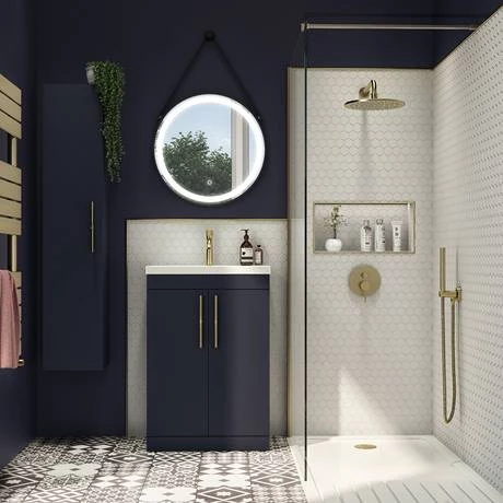 Arezzo Floor Standing Vanity Unit - Matt Blue - 500mm with Industrial Style Brushed Brass Handles 4 Arezzo Floor Standing Vanity Unit - Matt Blue - 500mm with Industrial Style Brushed Brass Handles - Image 4