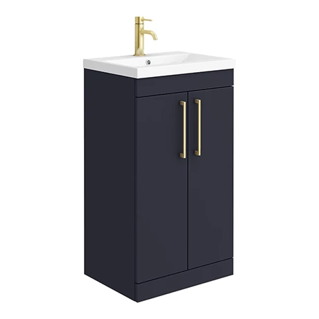 Arezzo 500 Matt Blue Floor Standing Vanity Unit with Brushed Brass Handles 1 Arezzo 500 Matt Blue Floor Standing Vanity Unit with Brushed Brass Handles