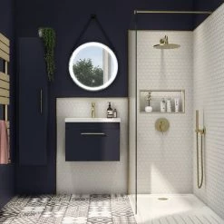 Arezzo Wall Hung Vanity Unit - Matt Blue - 500mm with Industrial Style Brushed Brass Handle -Arezzo Bathroom Furniture Shop AZB5WHVBBIS d3 460