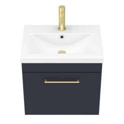 Arezzo 500 Matt Blue Wall Hung 1-Drawer Vanity Unit with Brushed Brass Handle -Arezzo Bathroom Furniture Shop AZB5WHVBB n d3 460