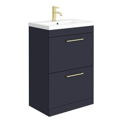 Arezzo 600 Matt Blue Floor Standing 2-Drawers Vanity Unit with Brushed Brass Handles