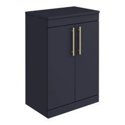 Arezzo Floor Standing Countertop Vanity Unit - Matt Blue - 600mm with Industrial Style Brushed Brass Handles