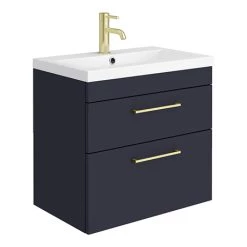 Arezzo 600 Matt Blue Wall Hung 2-Drawers Vanity Unit with Brushed Brass Handles