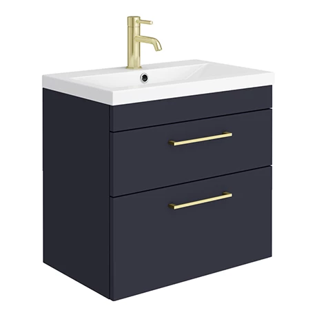 Arezzo 600 Matt Blue Wall Hung 2-Drawers Vanity Unit with Brushed Brass Handles 1 Arezzo 600 Matt Blue Wall Hung 2-Drawers Vanity Unit with Brushed Brass Handles