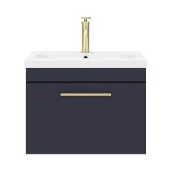 Arezzo Wall Hung Vanity Unit - Matt Blue - 600mm with Industrial Style Brushed Brass Handle -Arezzo Bathroom Furniture Shop AZB6WHVBBIS d5 460