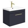 Arezzo Wall Hung Vanity Unit - Matt Blue - 600mm with Industrial Style Brushed Brass Handle