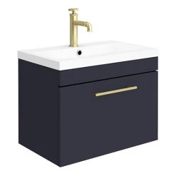 Arezzo Wall Hung Vanity Unit - Matt Blue - 600mm with Industrial Style Brushed Brass Handle