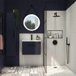 Arezzo Wall Hung Vanity Unit - Matt Blue - 600mm with Industrial Style Black Handle -Arezzo Bathroom Furniture Shop AZB6WHVBKIS d3 460