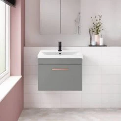 Arezzo 600 Matt Grey Wall Hung 1-Drawer Vanity Unit with Rose Gold Handle -Arezzo Bathroom Furniture Shop AZB6WHVRG d2 460