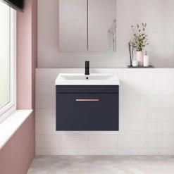 Arezzo 600 Matt Blue Wall Hung 1-Drawer Vanity Unit with Rose Gold Handle -Arezzo Bathroom Furniture Shop AZB6WHVRG nd2 460