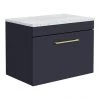 Arezzo Wall Hung Countertop Vanity Unit - Matt Blue - 600mm with White Worktop & Brushed Brass Handle