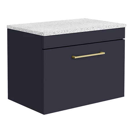 Arezzo Wall Hung Countertop Vanity Unit - Matt Blue - 600mm with White Worktop & Brushed Brass Handle 1 Arezzo Wall Hung Countertop Vanity Unit - Matt Blue - 600mm with White Worktop & Brushed Brass Handle