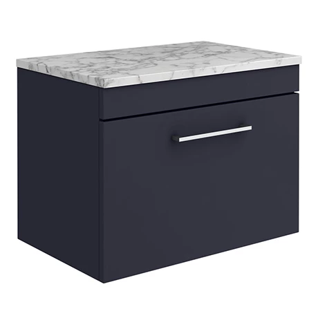 Arezzo Wall Hung Countertop Vanity Unit - Matt Blue - 600mm w. Matt White Marble Worktop & Chrome Handle 1 Arezzo Wall Hung Countertop Vanity Unit - Matt Blue - 600mm w. Matt White Marble Worktop & Chrome Handle