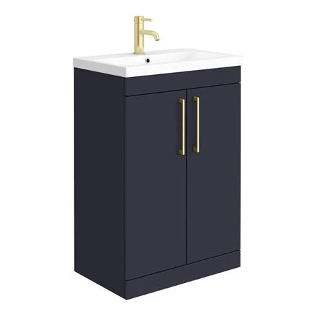 Arezzo Blue Floor Standing Vanity Unit, Tall Cabinet + Toilet Pack with Brass Handles 2 Arezzo Blue Floor Standing Vanity Unit, Tall Cabinet + Toilet Pack with Brass Handles - Image 2