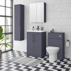 Arezzo Blue Floor Standing Vanity Unit, Tall Cabinet + Toilet Pack with Black Handles