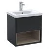 Arezzo Senza 500mm Matt Black / Vicenza Oak Wall Hung Vanity Unit with Open Shelf + Ceramic Basin