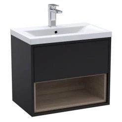 Arezzo Senza 600mm Matt Black / Vicenza Oak Wall Hung Vanity Unit with Open Shelf + Ceramic Basin -Arezzo Bathroom Furniture Shop AZBLAVO6 d2 460
