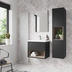 Arezzo Senza 600mm Matt Black / Vicenza Oak Wall Hung Vanity Unit with Open Shelf + Ceramic Basin -Arezzo Bathroom Furniture Shop AZBLAVO6 d3 460