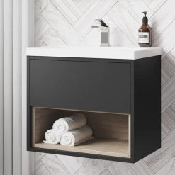 Arezzo Senza 600mm Matt Black / Vicenza Oak Wall Hung Vanity Unit with Open Shelf + Ceramic Basin