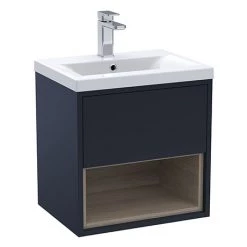 Arezzo Senza 500mm Matt Blue / Vicenza Oak Wall Hung Vanity Unit with Open Shelf + Ceramic Basin
