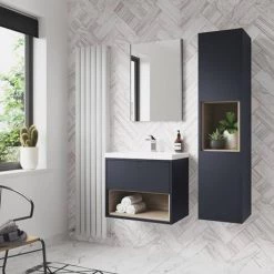 Arezzo Senza 500mm Matt Blue / Vicenza Oak Wall Hung Vanity Unit with Open Shelf + Ceramic Basin -Arezzo Bathroom Furniture Shop AZBLUVO5 d2 460