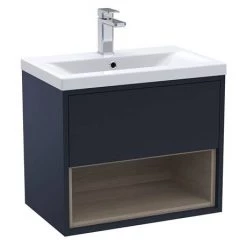 Arezzo Senza 600mm Matt Blue / Vicenza Oak Wall Hung Vanity Unit with Open Shelf + Ceramic Basin -Arezzo Bathroom Furniture Shop AZBLUVO6 d2 460