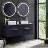 Arezzo Matt Blue Wall Hung Double Countertop Vanity Unit incl. 2 Basins (1200mm w. Brushed Brass Handles)