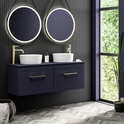 Arezzo Matt Blue Wall Hung Double Countertop Vanity Unit incl. 2 Basins (1200mm w. Brushed Brass Handles)