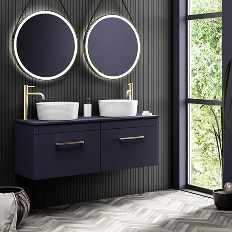 Arezzo Matt Blue Wall Hung Double Countertop Vanity Unit incl. 2 Basins (1200mm w. Brushed Brass Handles) 1 Arezzo Matt Blue Wall Hung Double Countertop Vanity Unit incl. 2 Basins (1200mm w. Brushed Brass Handles)