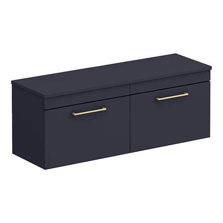 Arezzo Matt Blue Wall Hung Double Countertop Vanity Unit (1200mm w. Brushed Brass Handles) 1 Arezzo Matt Blue Wall Hung Double Countertop Vanity Unit (1200mm w. Brushed Brass Handles)