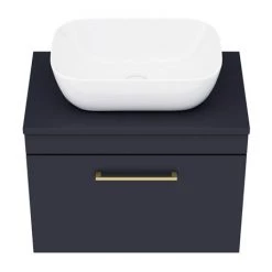 Arezzo Wall Hung Countertop Basin Unit - Blue with Brushed Brass Handle - 600mm inc. Basin -Arezzo Bathroom Furniture Shop AZBWHBB465 d4 460
