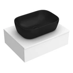 Arezzo Floating Basin Shelf with Drawer - Matt White - 600mm inc. Black Curved Rectangular Basin