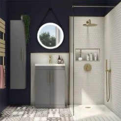 Arezzo Floor Standing Vanity Unit - Matt Grey - 500mm with Industrial Style Brushed Brass Handles -Arezzo Bathroom Furniture Shop AZG5FSVBBIS D3 460