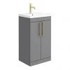 Arezzo Floor Standing Vanity Unit - Matt Grey - 500mm with Industrial Style Brushed Brass Handles
