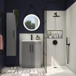 Arezzo Floor Standing Vanity Unit - Matt Grey - 500mm with Industrial Style Black Handles -Arezzo Bathroom Furniture Shop AZG5FSVMBIS d3 460