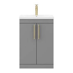 Arezzo Floor Standing Vanity Unit - Matt Grey - 600mm with Industrial Style Brushed Brass Handles -Arezzo Bathroom Furniture Shop AZG6FSVBBIS d5 460