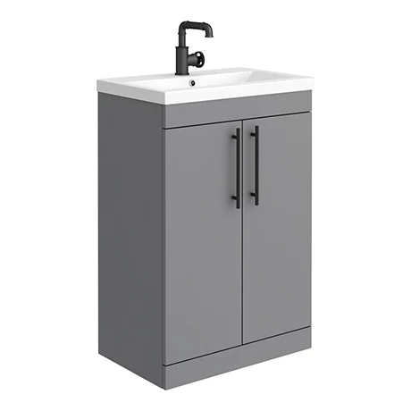 Arezzo Floor Standing Vanity Unit - Matt Grey - 600mm with Industrial Style Black Handles 1 Arezzo Floor Standing Vanity Unit - Matt Grey - 600mm with Industrial Style Black Handles