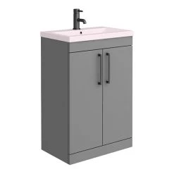 Arezzo 600 Matt Grey Floor Standing Vanity Unit with Matt Pink Basin + Black Handles