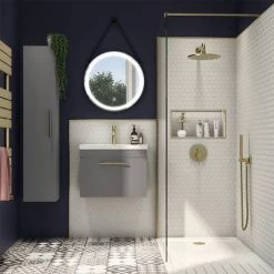 Arezzo Wall Hung Vanity Unit - Matt Grey - 600mm with Industrial Style Brushed Brass Handle -Arezzo Bathroom Furniture Shop AZG6WHVBBIS d3 460