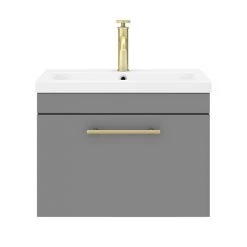 Arezzo Wall Hung Vanity Unit - Matt Grey - 600mm with Industrial Style Brushed Brass Handle -Arezzo Bathroom Furniture Shop AZG6WHVBBIS d4 460