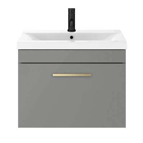 Arezzo 600 Matt Grey Wall Hung 1-Drawer Vanity Unit with Brushed Brass Handle 5 Arezzo 600 Matt Grey Wall Hung 1-Drawer Vanity Unit with Brushed Brass Handle - Image 5