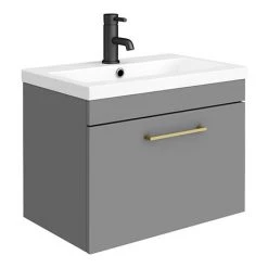 Arezzo 600 Matt Grey Wall Hung 1-Drawer Vanity Unit with Brushed Brass Handle