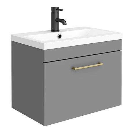 Arezzo 600 Matt Grey Wall Hung 1-Drawer Vanity Unit with Brushed Brass Handle 1 Arezzo 600 Matt Grey Wall Hung 1-Drawer Vanity Unit with Brushed Brass Handle