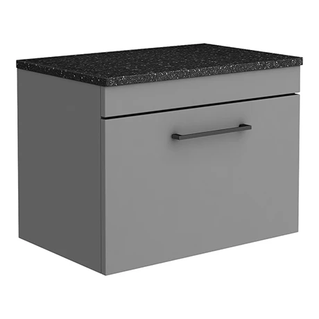 Arezzo Wall Hung Countertop Vanity Unit - Matt Grey - 600mm with Black Worktop & Matt Black Handle 1 Arezzo Wall Hung Countertop Vanity Unit - Matt Grey - 600mm with Black Worktop & Matt Black Handle